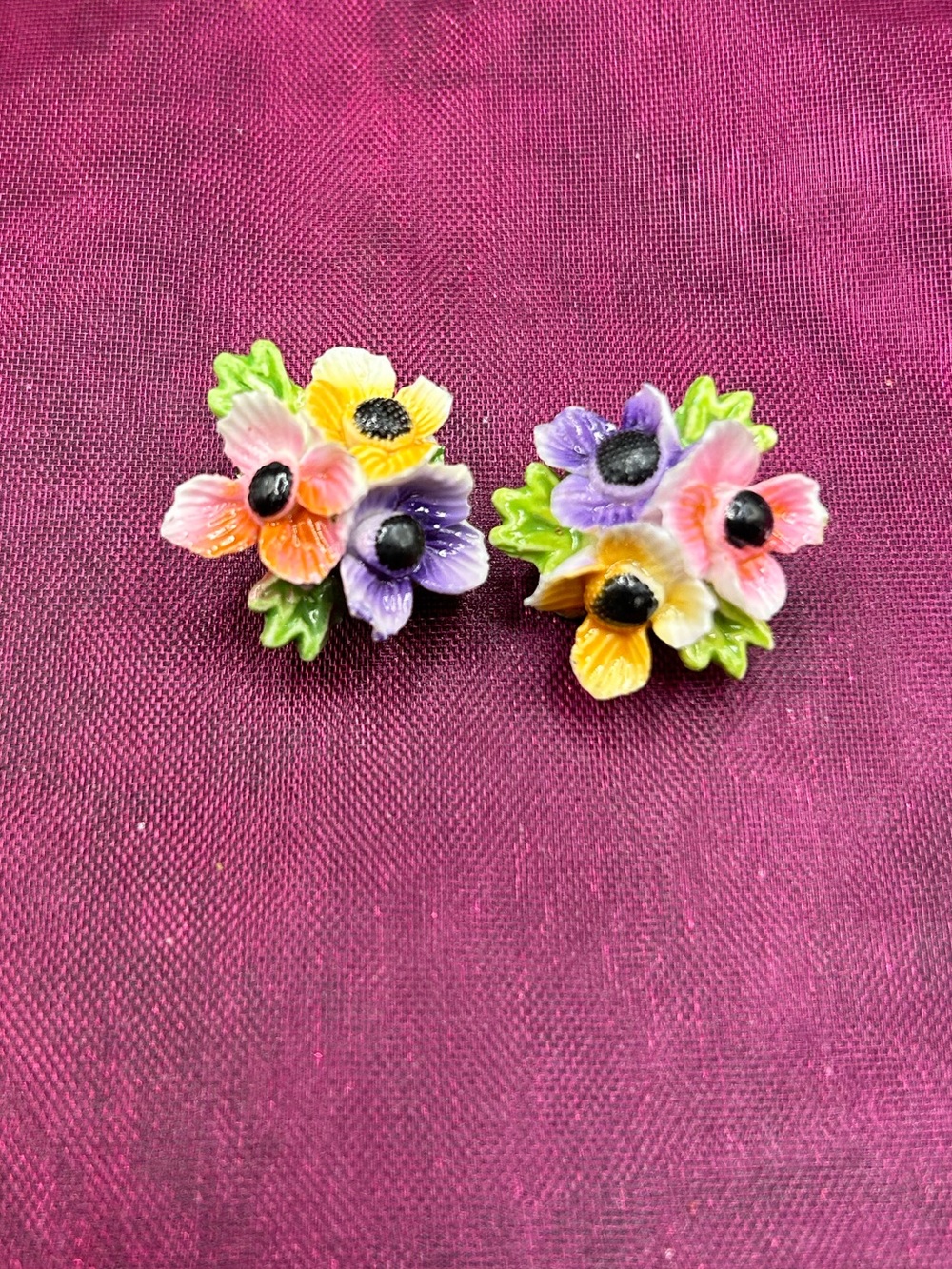 Hand-Painted Multicolor Floral Clip On Earrings